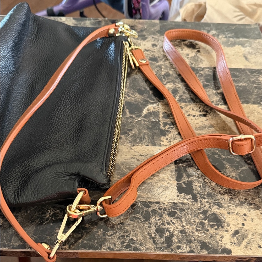 Valentina Black Leather Crossbody with Tan Strap - Picture 9 of 9